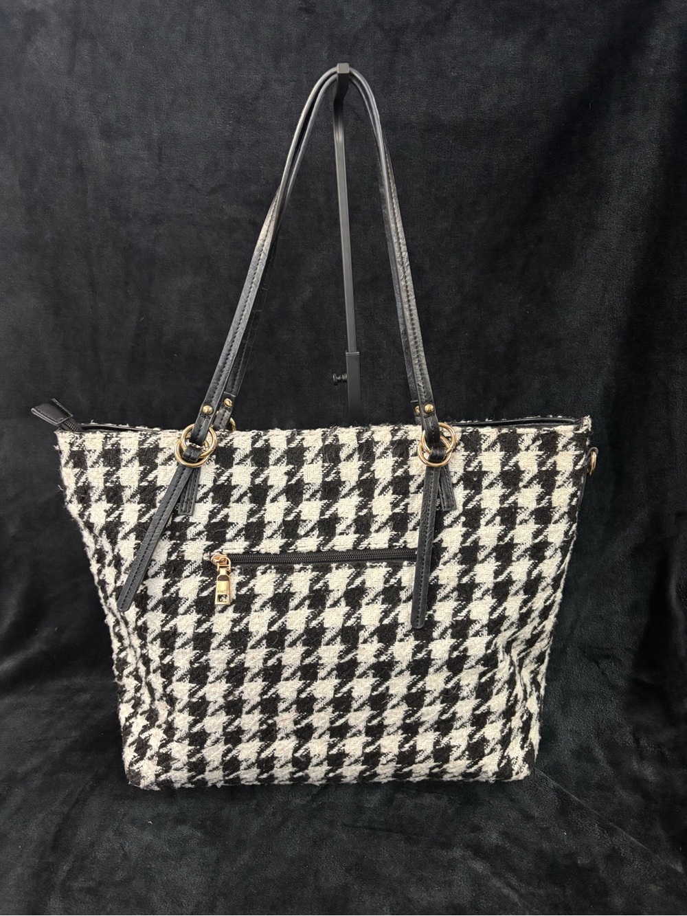 JEN & CO Ingrid Houndstooth Tote Black White Large Shoulder Bag